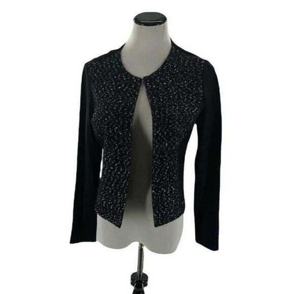 J. Mclaughlin Top Women's Size M Long Sleeve Stretch Tweed Gold Black Open Front - Picture 3 of 10